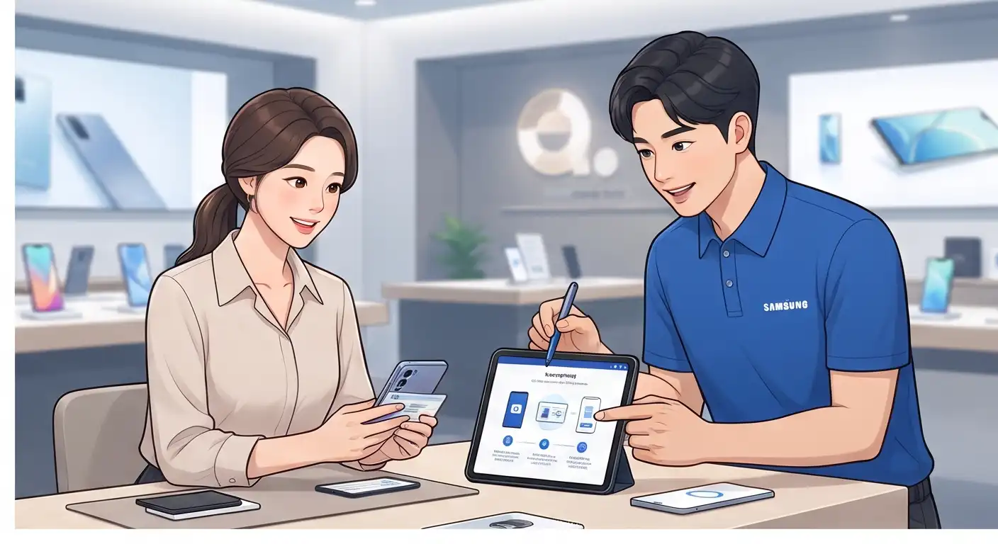 휴대폰 매장에서 직원과 고객이 태블릿과 스마트폰을 이용해 모바일 운전면허증 등록 방법을 상담하는 모습
