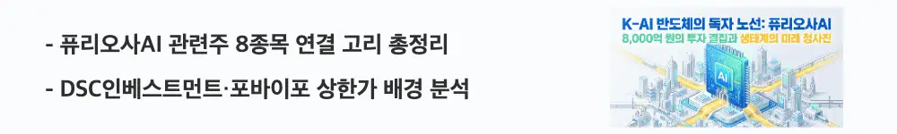 '퓨리오사AI 관련주 8종목 연결 고리 총정리, DSC인베스트먼트&middot;포바이포 상한가 배경 분석'이라는 문구가 포함된 웹배너 이미지. 이 이미지는 퓨리오사AI 관련주의 종목별 연결 구조와 주가 반응을 시각적으로 전달하며, 블로그의 퓨리오사AI 관련주 분석과 관련된 내용을 설명함