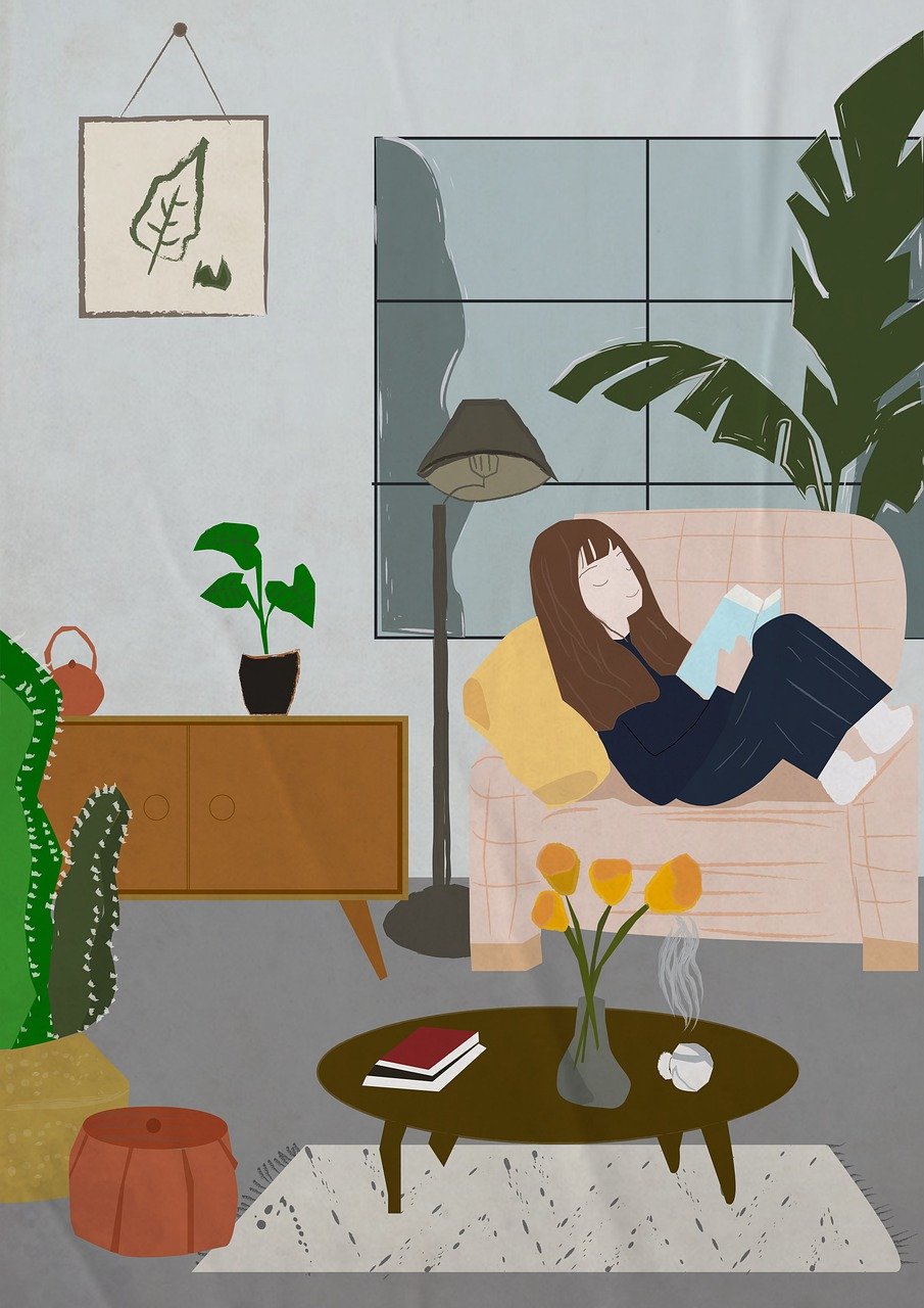 소파에서 책 읽는 여자 그림
