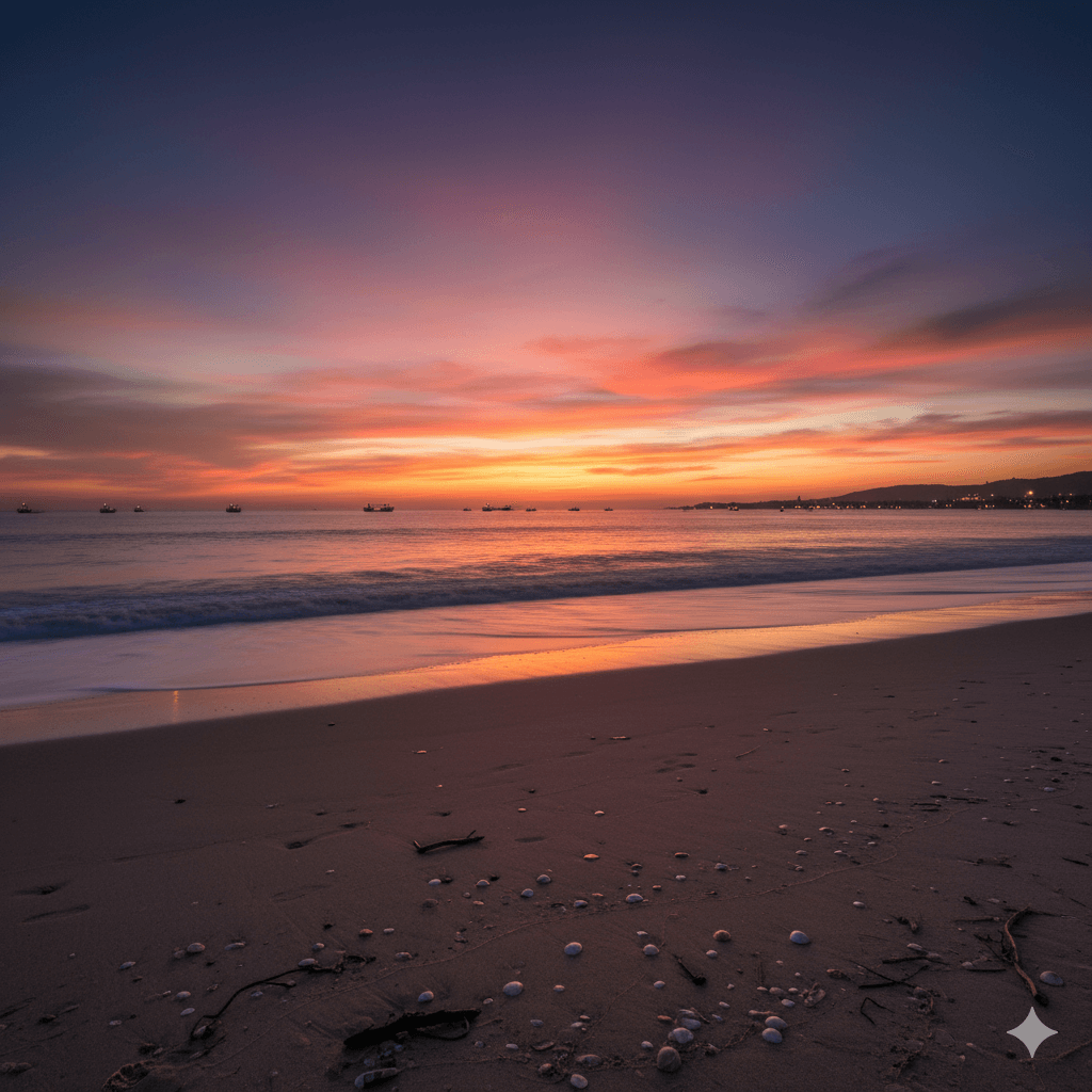 노을이 지는 밤바다와 해변 모습