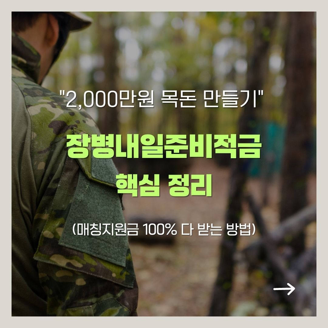 군복을 입은 장병의 뒷모습 배경에 '2,000만 원 목돈 만들기', '장병내일준비적금 완전 정복 (매칭지원금 100% 다 받는 방법)' 텍스트가 강조된 썸네일