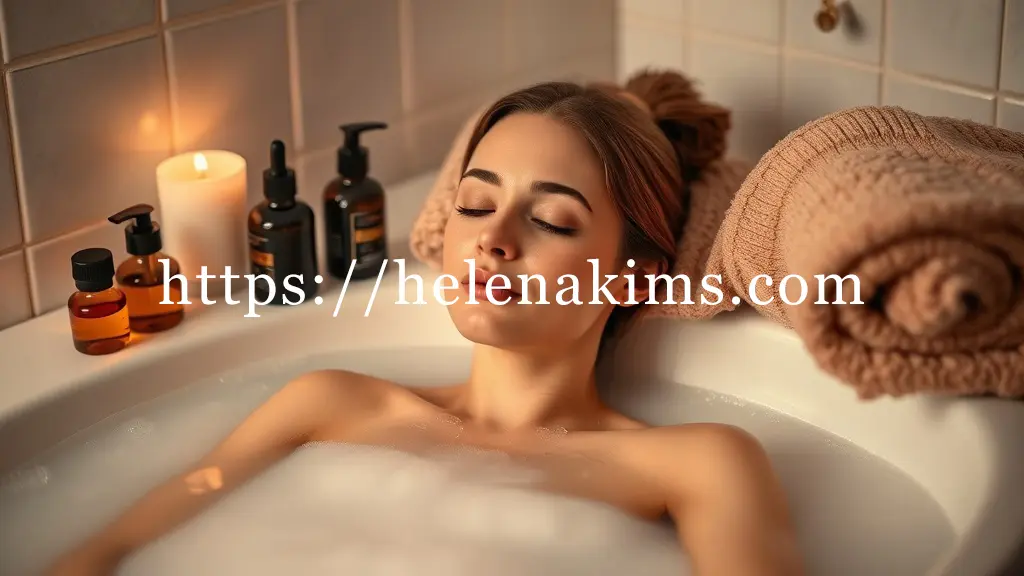 뜻한 증기가 피어오르는 욕조 속에서, 평온한 표정의 여성이 눈을 감고 편안하게 몸을 담그고 있고, 주변에는 아로마 오일 병과 부드러운 수건이 놓여 몸속 혈액순환이 원활해지는 느낌을 표현한 이미지.