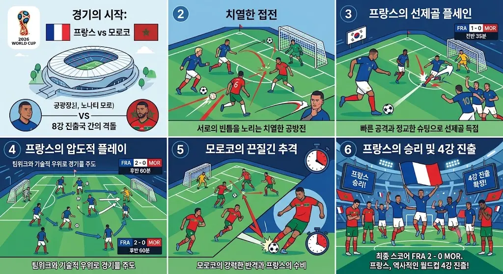 프랑스가 모로코를 꺾고 2026 월드컵 4강에 진출한 과정을 설명한 이미지