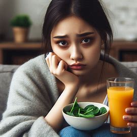 다크서클이 내려온 여성이 어지러워서 손으로 턱을 받치고 앉아 있다.