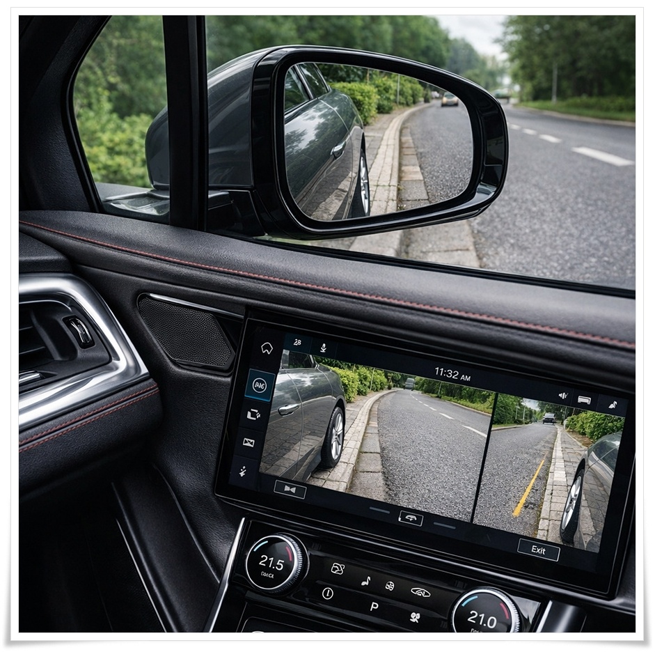 재규어 I페이스 후진 자동 하향 사이드미러와 서라운드 뷰 화면