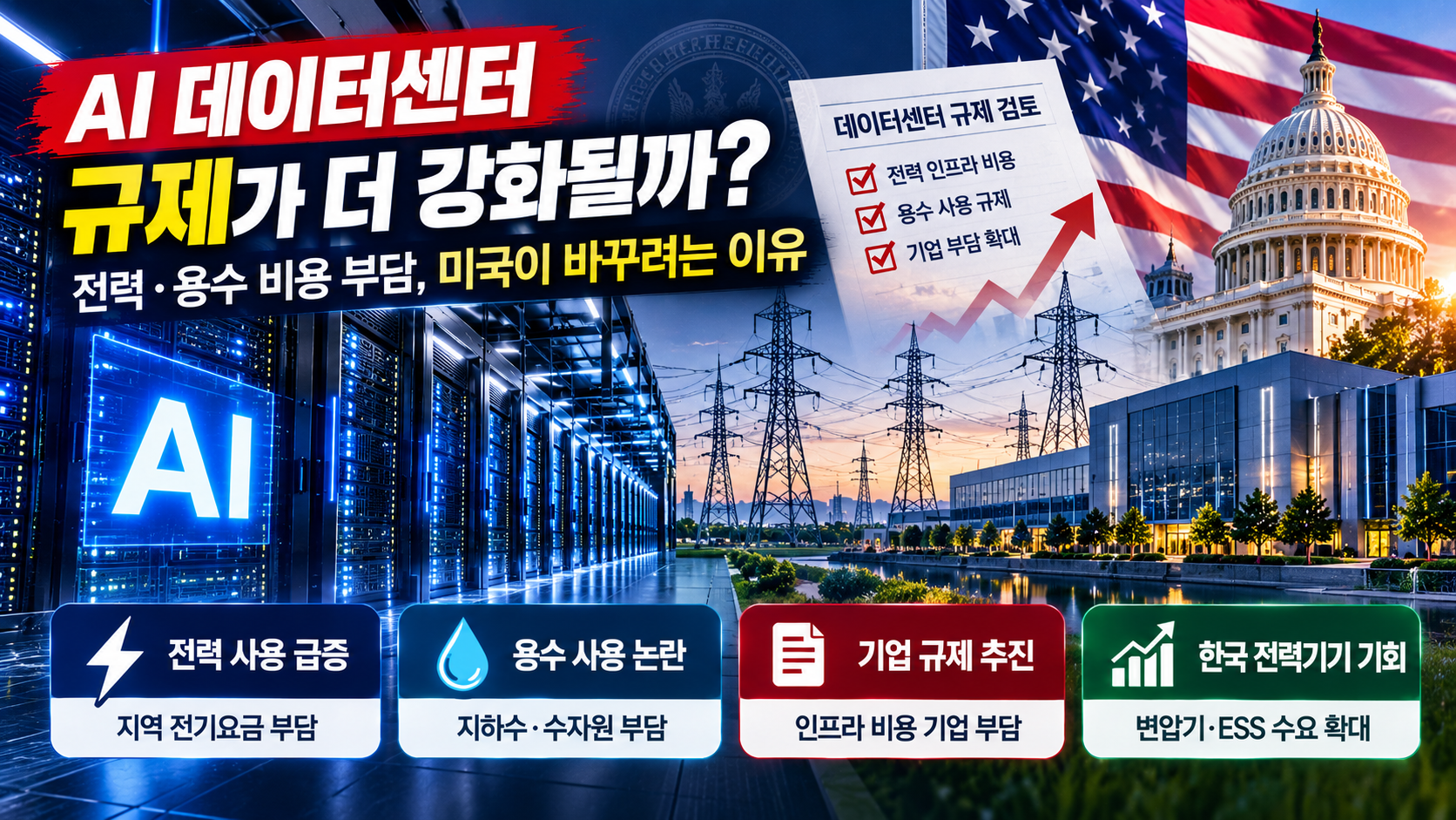 미국 AI 데이터센터 전력 용수 규제 강화 가능성과 한국 전력기기 변압기 ESS 관련주 영향
