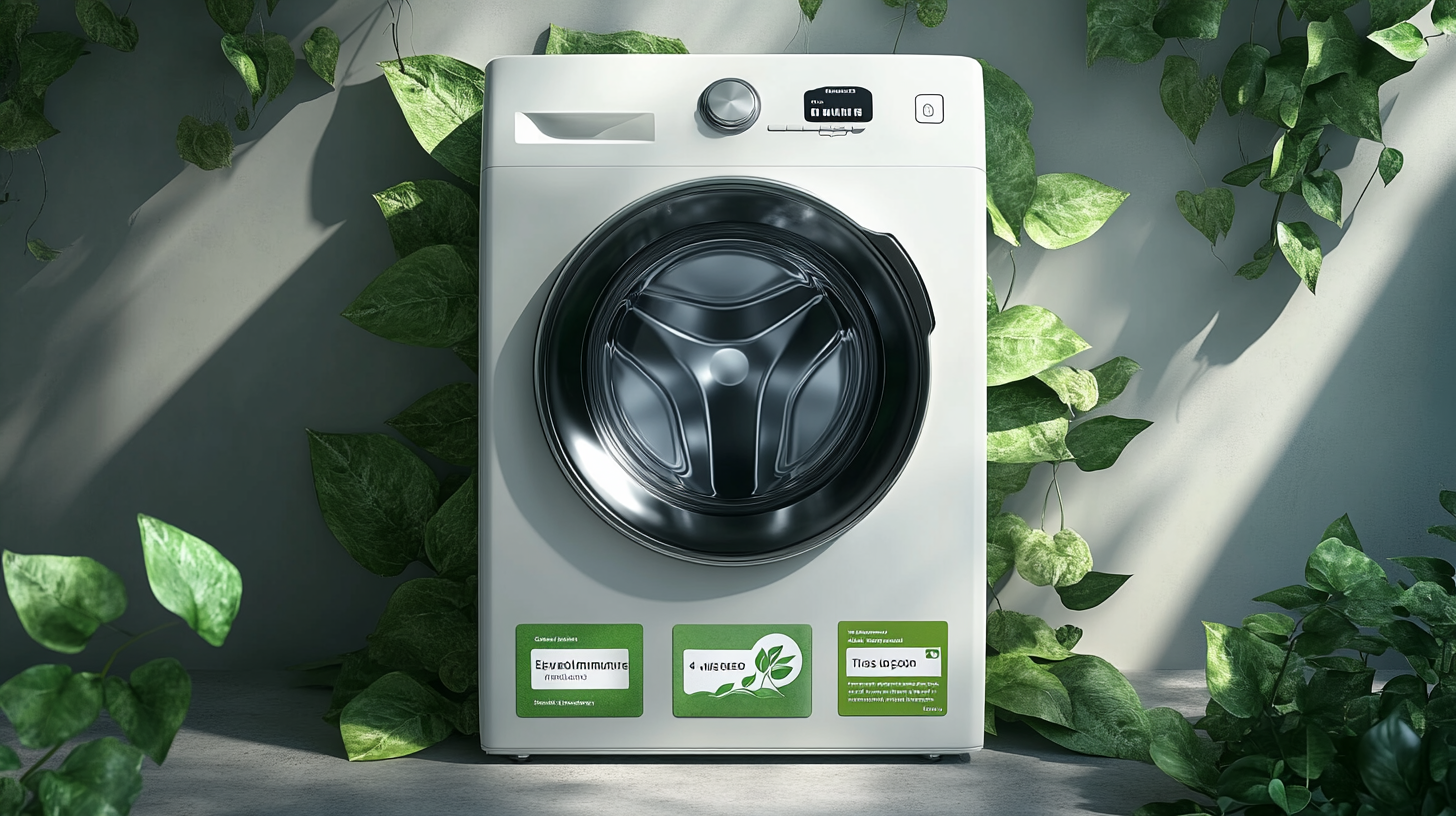녹색 잎으로 둘러싸인 삼성 세탁기가 에너지 효율 라벨과 함께 에너지 소비가 낮은 친환경적 이미지를 강조하는 장면