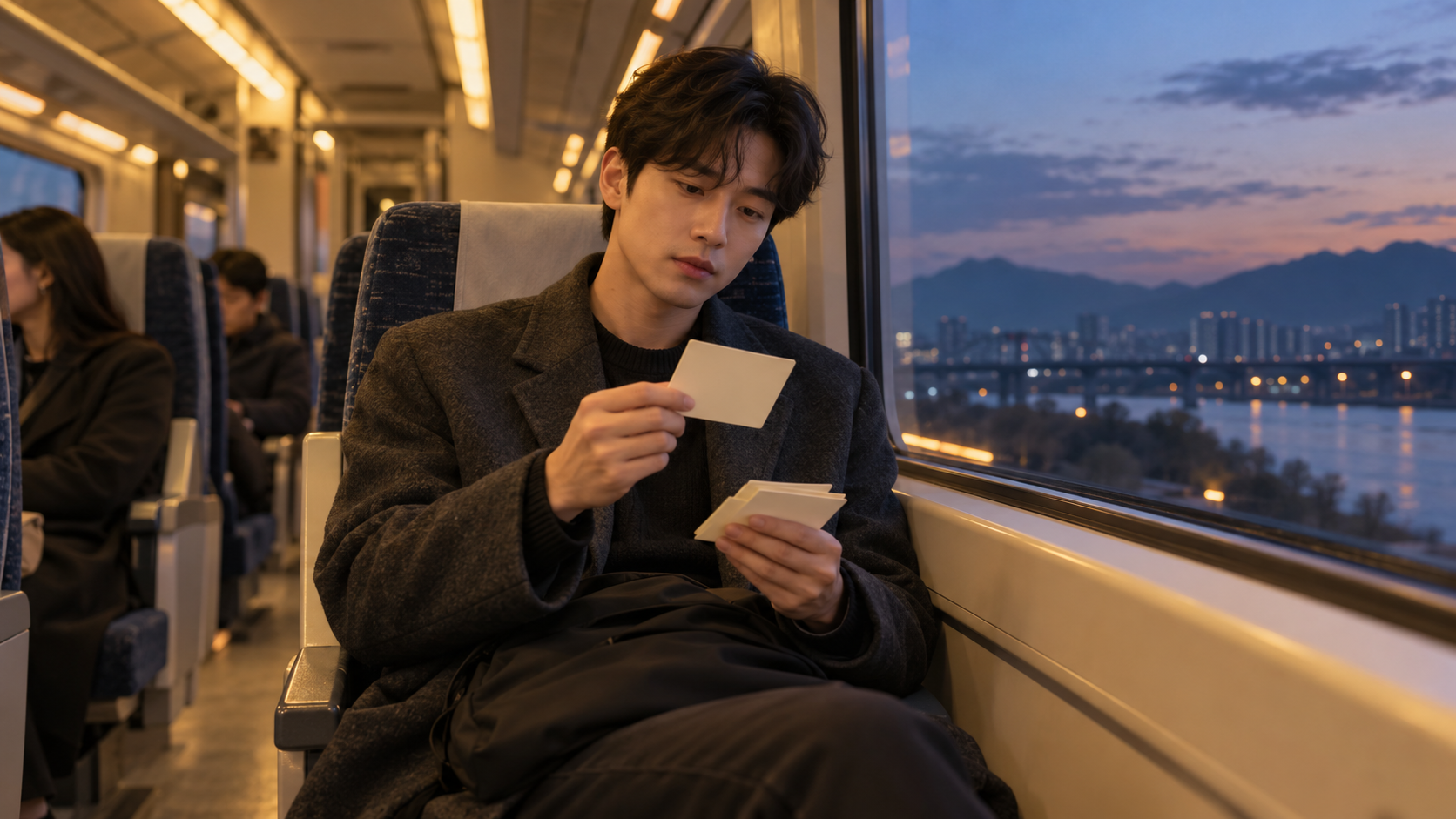 저녁 열차 창가에 앉아 작은 복습 카드를 살펴보는 수험생