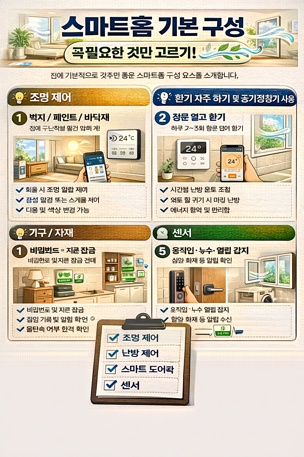 스마트홈 기본 구성 조명 난방 도어락 센서 꼭 필요한 것만 고르기