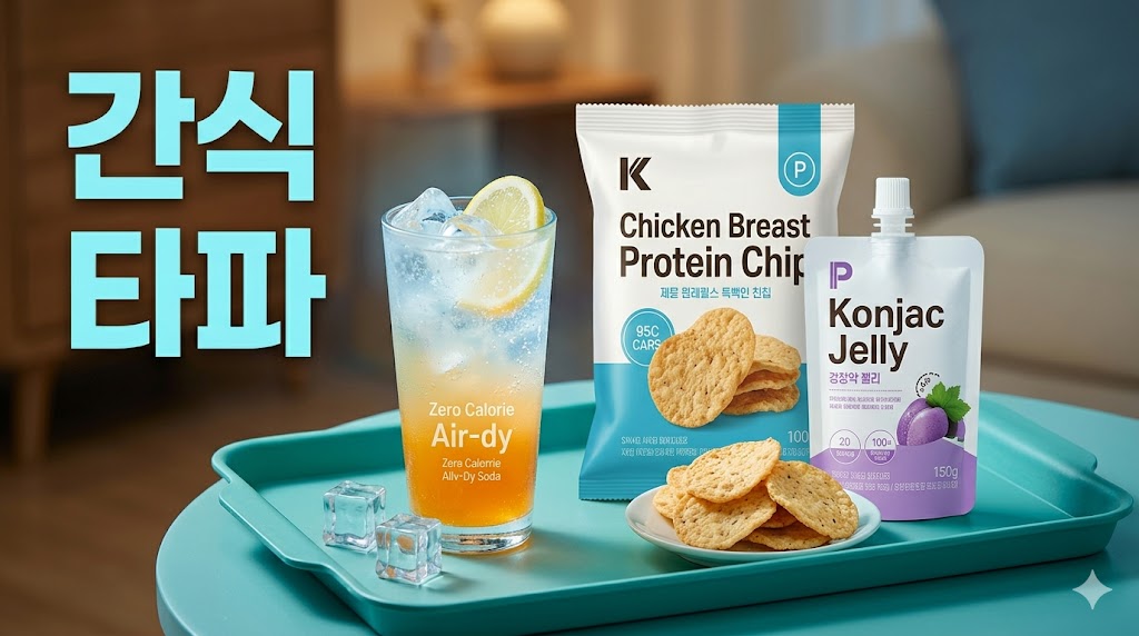 A diet alternative snack recommendation image showcasing a refreshing zero-calorie iced lemon ade on a mint-colored tray, paired with a bag of chicken breast protein chips, loose chips on a plate, and a purple grape-flavored konjac jelly pouch. The left side includes the light blue caption "Crush the Cravings".