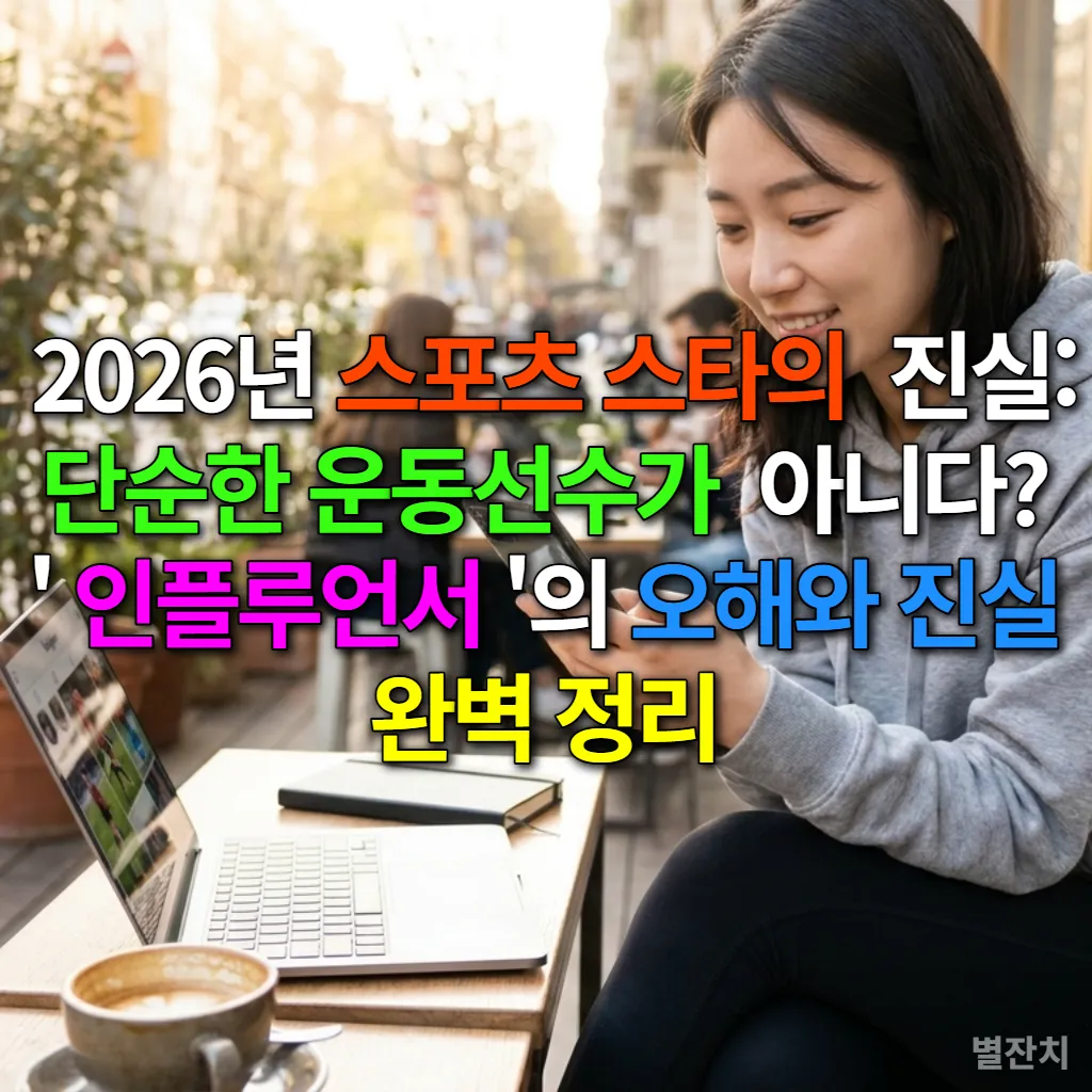 카페 테라스에서 노트북과 스마트폰을 보며 스포츠 스타 인플루언서 콘텐츠를 확인하는 젊은 한국 여성