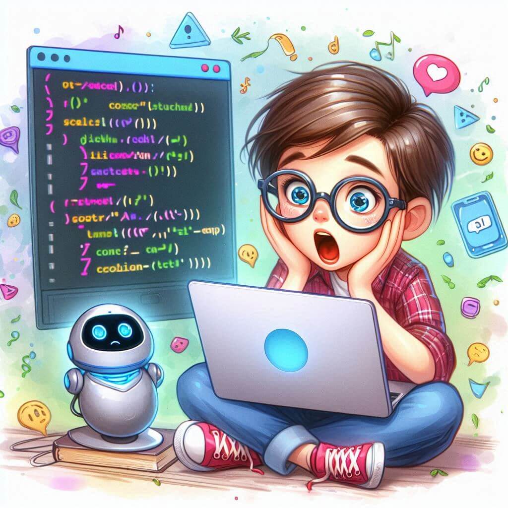 노트북 앞에 앉아 AI 챗봇이 생성하는 코드, 밝고 친근한 색상, 수채화 스타일, 디지털 학습 컨셉을 보며 놀란 초보자가 있습니다.