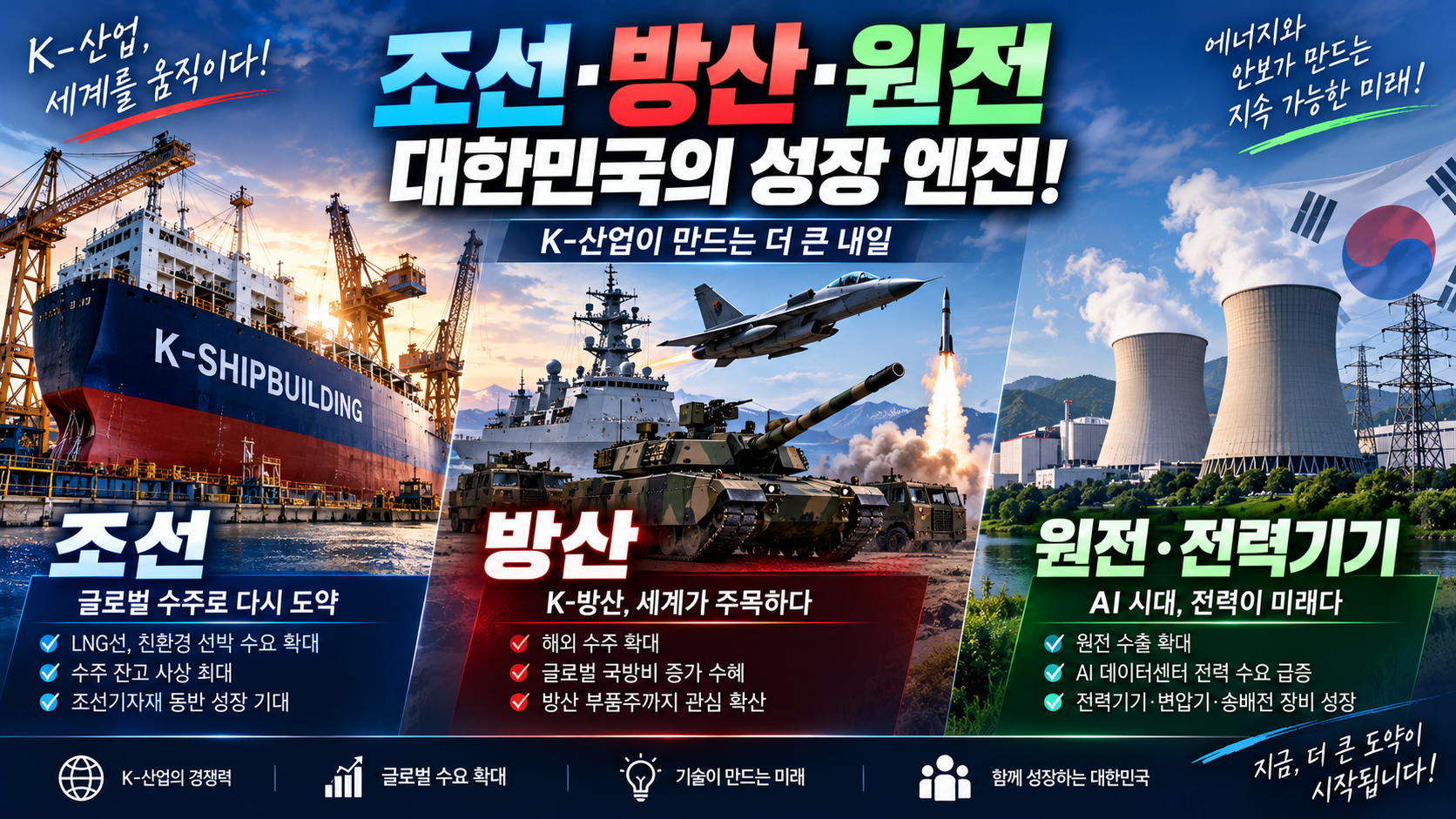 조선 방산 원전 전력기기 업종의 글로벌 수주와 성장 모멘텀을 보여주는 주요 산업 분석
