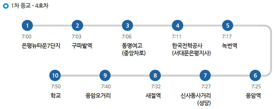 명지초 4호차 셔틀 1차 등교 노선 시간표