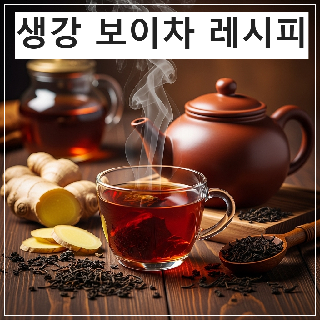 따뜻한 김이 모락모락 나는 진한 갈색의 보이차와 다기 세트 일러스트