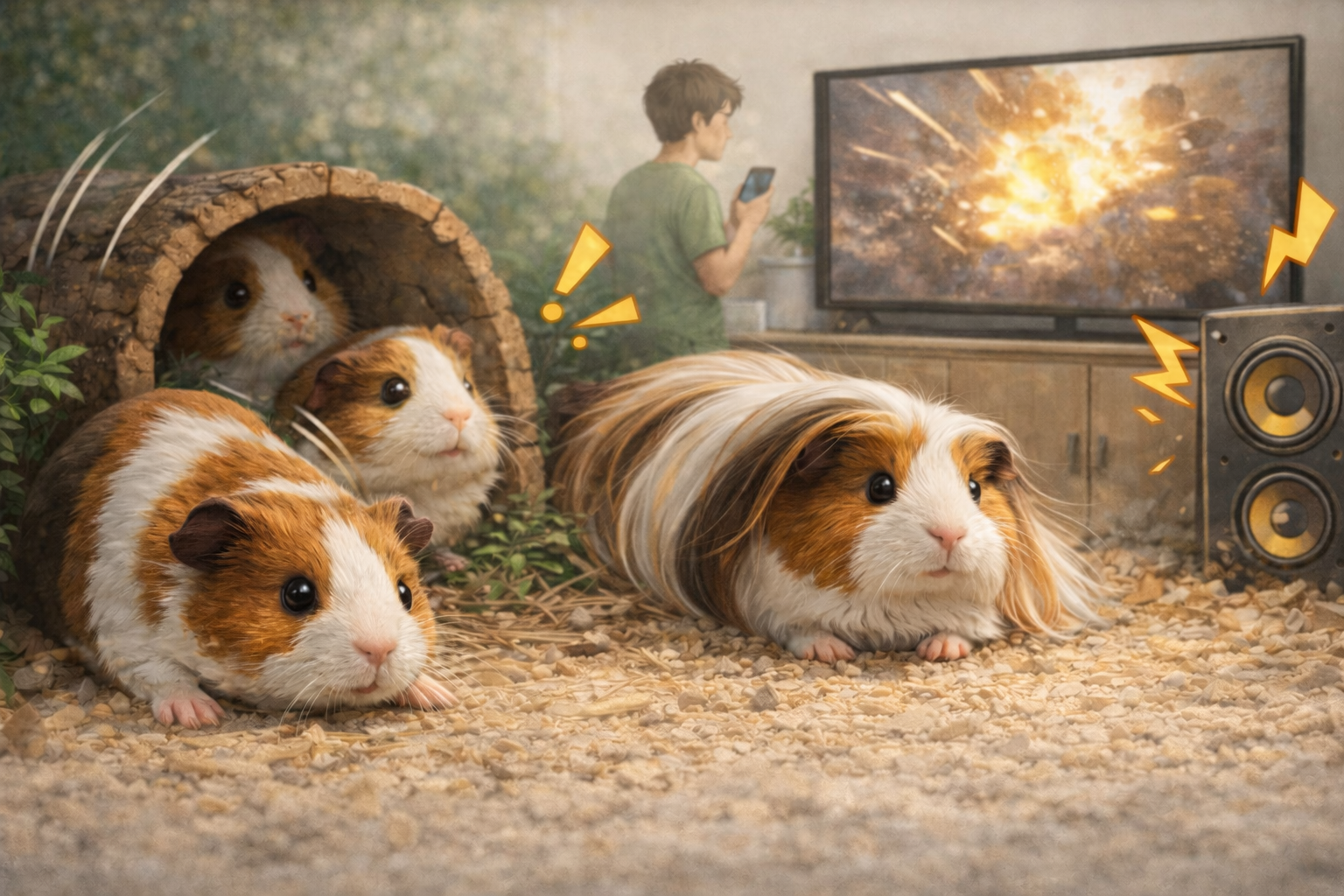 게임소리가 들리는 스피커와 숨어있는 기니피그들 이미지