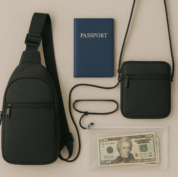 슬링백, 여권 지갑, 지퍼형 크로스백, 방수 파우치, 소액 달러 지폐 사진