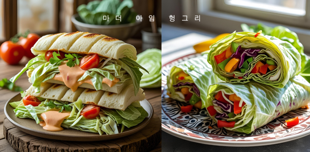 alt="양배추 라페 샌드위치와 랩 "