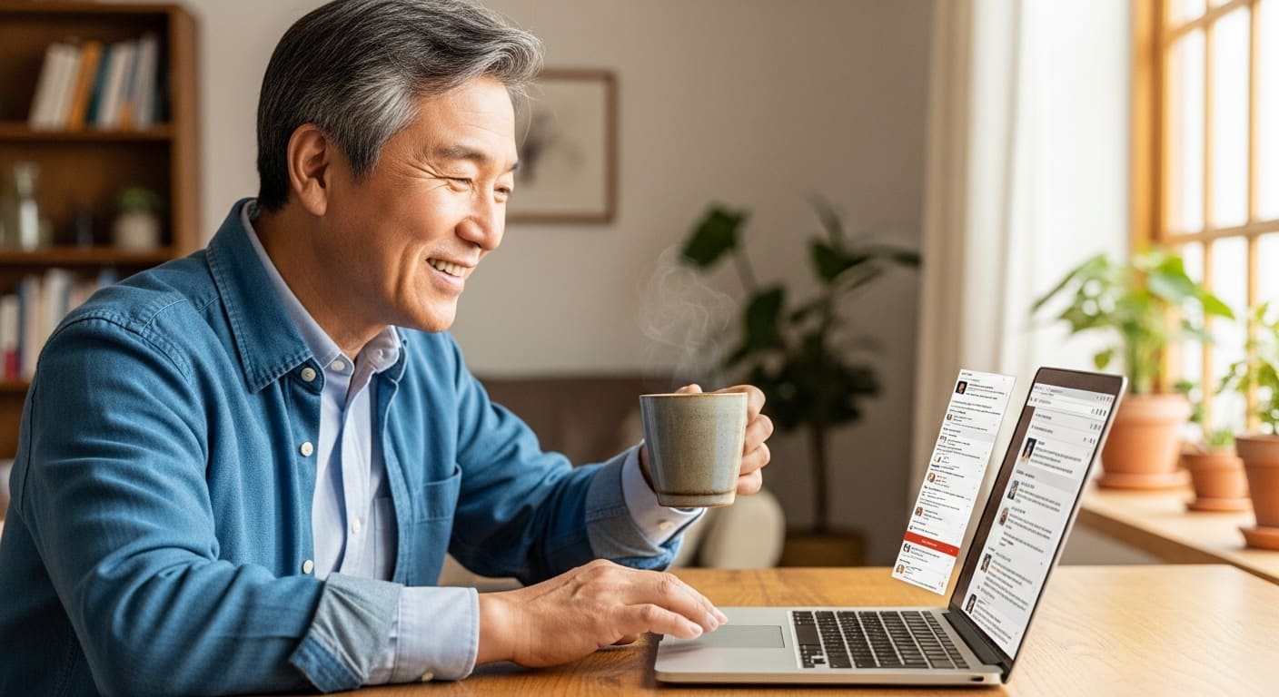 활짝 웃는 시니어 블로거가 노트북으로 블로그 댓글을 확인하며 독자들과 소통하는 모습.