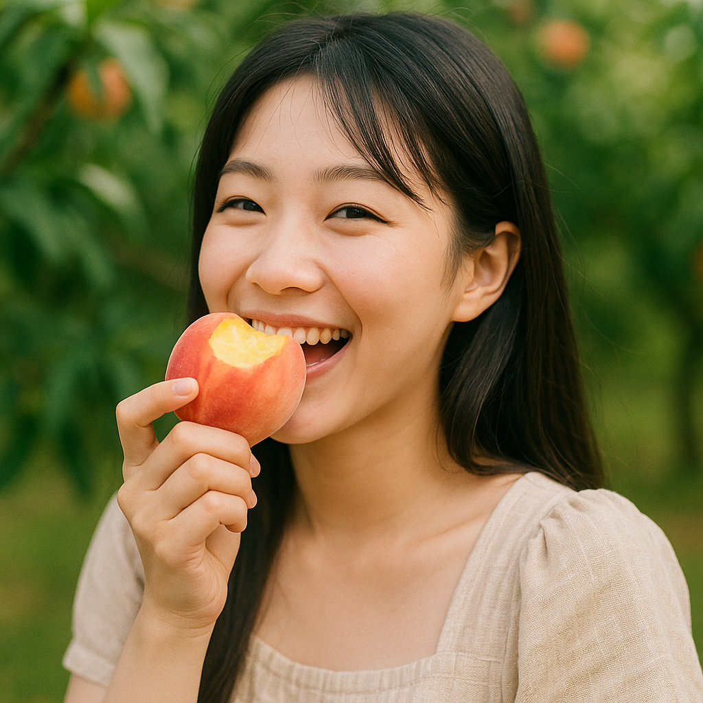 껍질째 복숭아 먹으며 웃는 동양인 여성