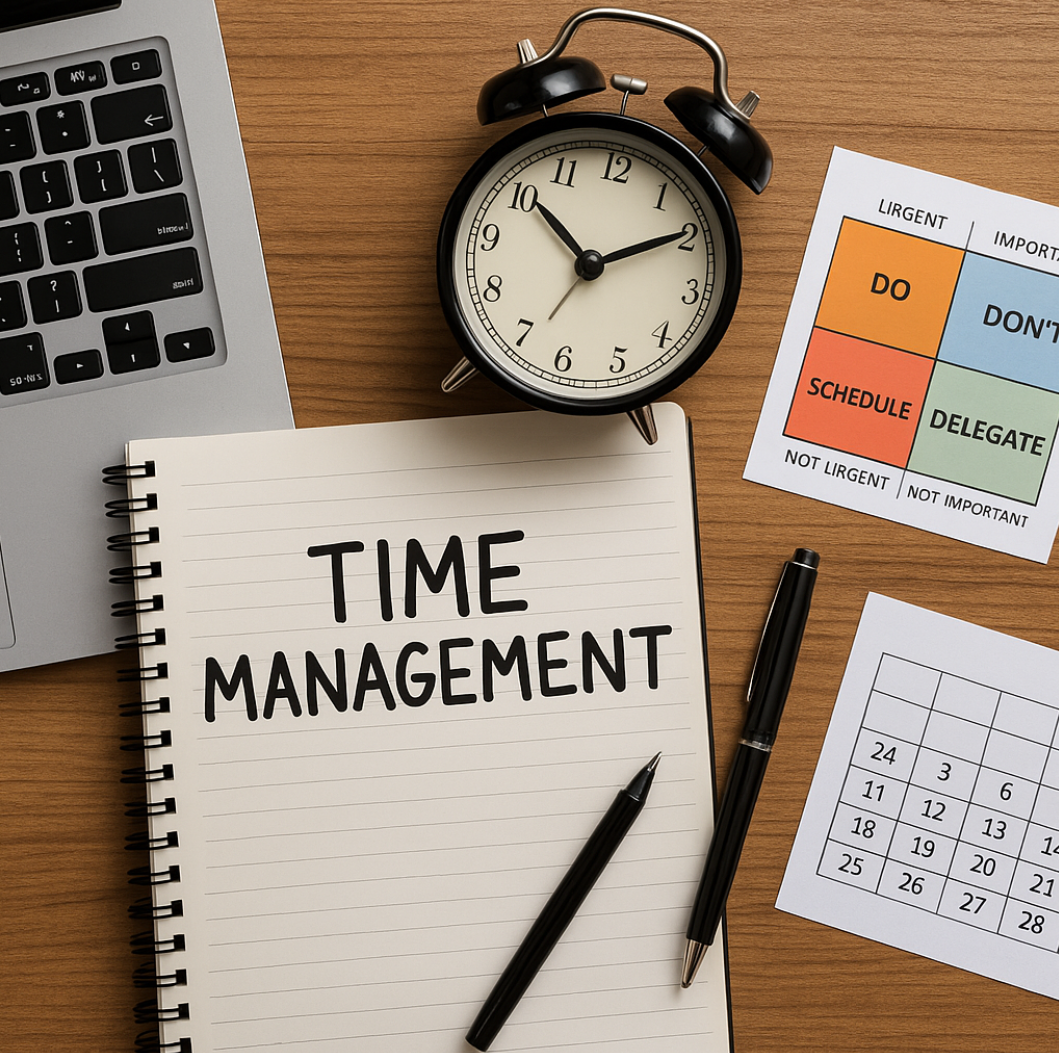 시계와 노트북과 노트가 있는 사진