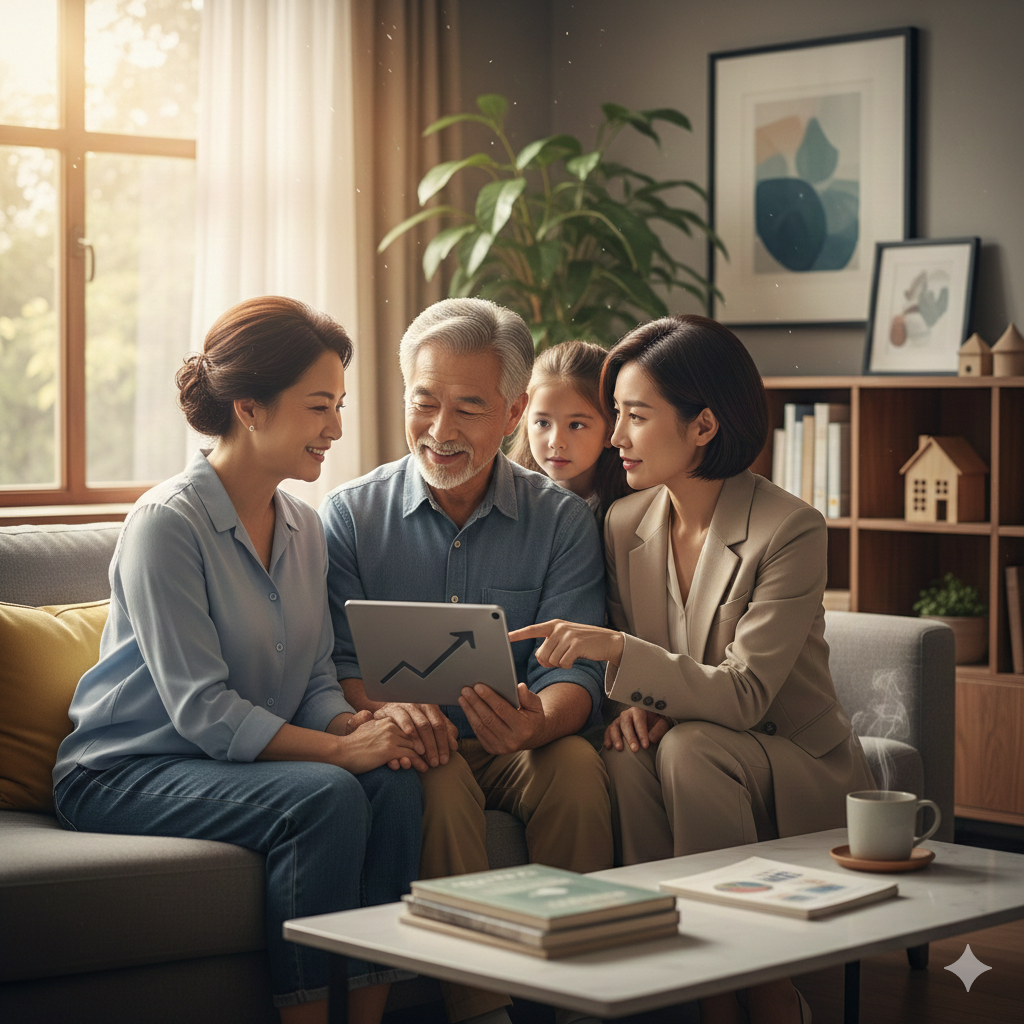 따뜻한 거실에서 중년의 여성 전문가가 노년의 부부에게 태블릿을 보여주며 주택연금의 자산 가치 상승 그래프를 설명하고 있는 모습이에요.