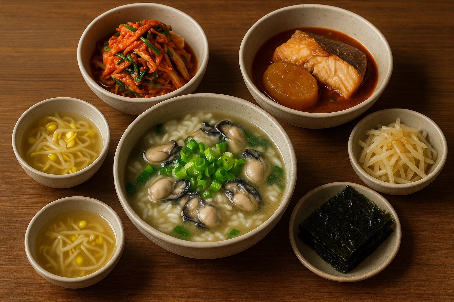 굴국밥, 대구조림, 배추겉절이, 콩나물국, 김구이로 구성된 따뜻한 겨울 한식 상차림