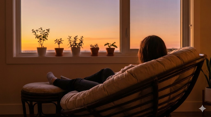 1인용 라운지체어에 편안하게 기대어 창밖의 노을을 바라보는 사람의 뒷모습. 창가에는 작은 반려 식물들이 놓여 있고, 평화롭고 안락한 '나만의 공간'이 주는 정서를 시각화한 이미지.