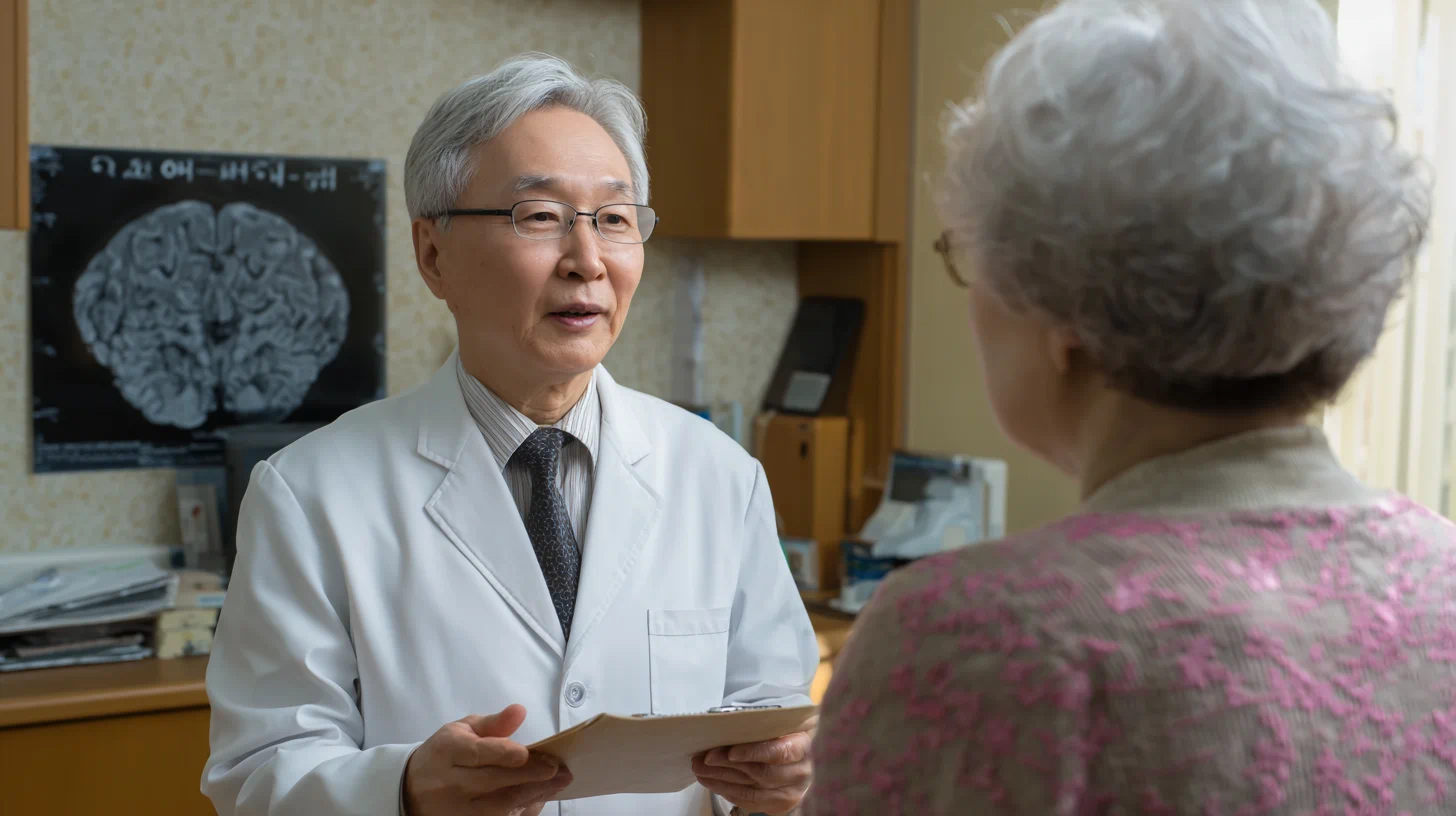 노인 치매 환자와 보호자에게 약물 설명하는 의사, 뇌 그림 자료 설명