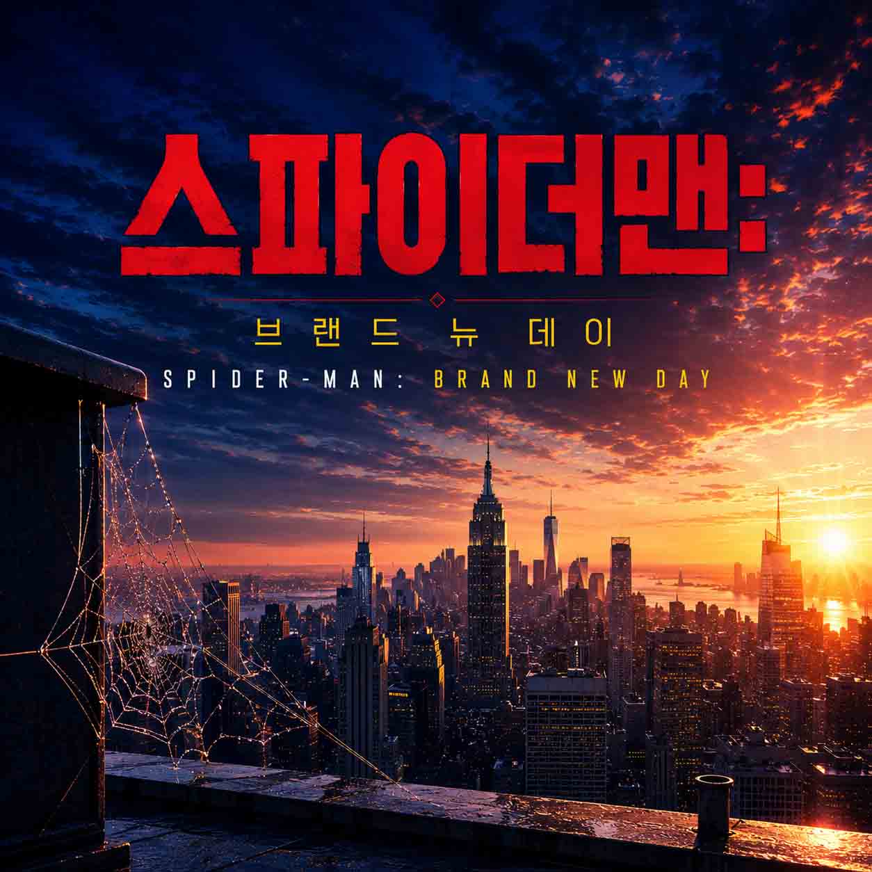 영화 스파이더맨 브랜드 뉴 데이를 표현한 노을빛 뉴욕 도심과 건물 사이에 펼쳐진 거미줄 이미지