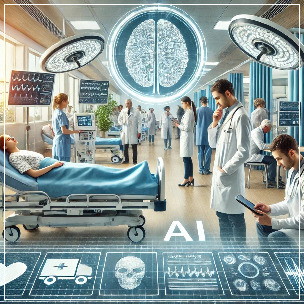 현대식 병원에서 의사들이 AI 기반 태블릿과 화면을 통해 환자 진단과 맞춤형 치료 계획을 세우는 모습