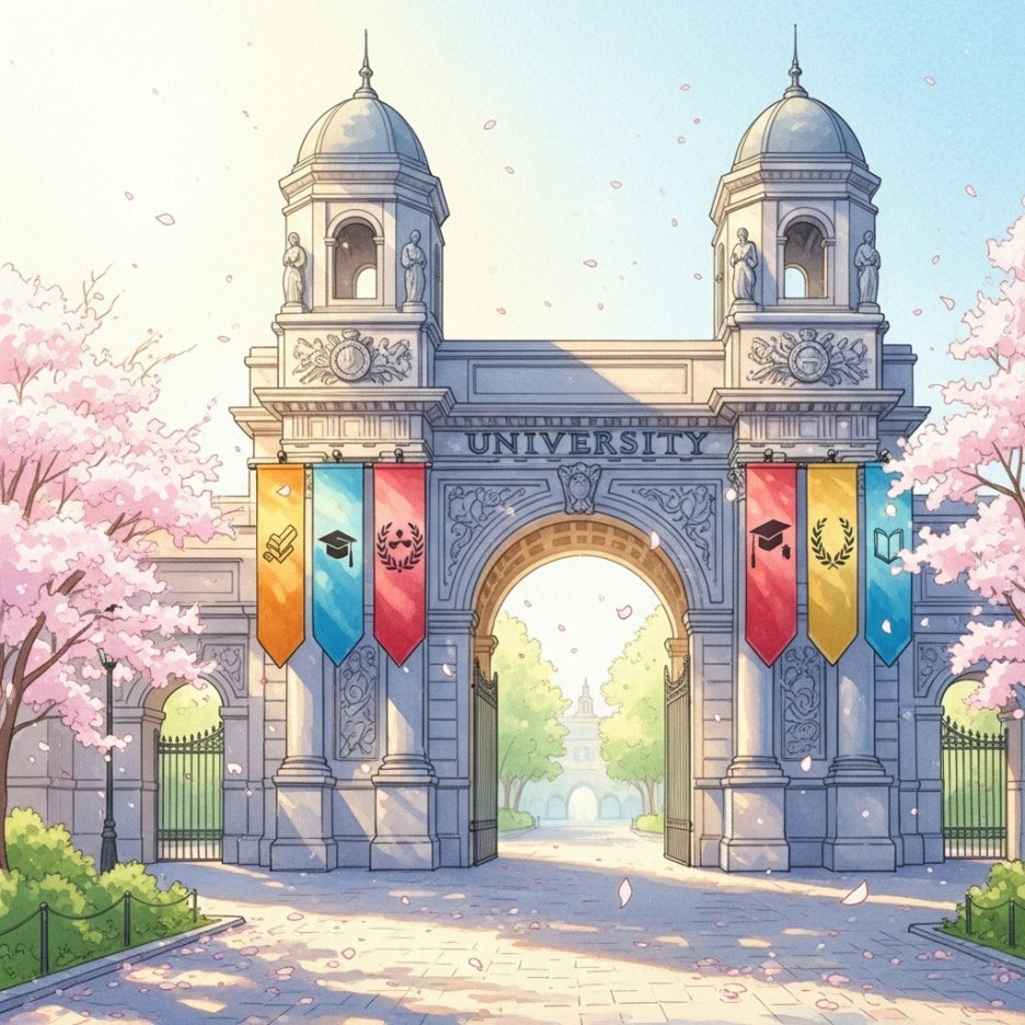 축제 배너가 걸린 평화로운 대학교 교정 풍경