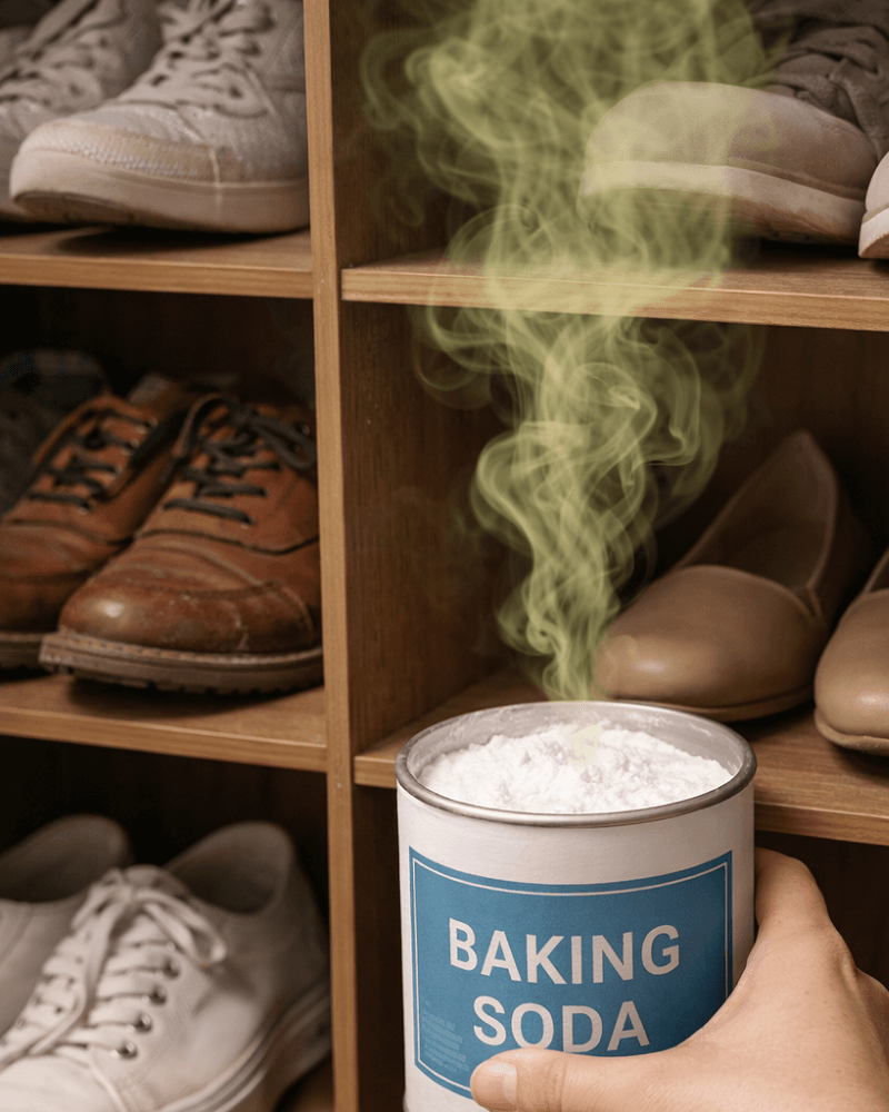 신발장에 베이킹 소다 통을 놓아 신발 냄새를 제거하는 모습. 베이킹 소다 통에서 연기가 피어오르는 연출로 탈취 효과를 시각적으로 표현한 이미지