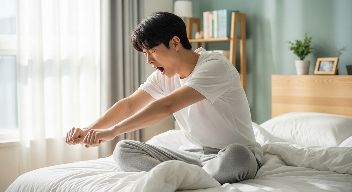 아침에 침대에서 힘겹게 일어나는 남성