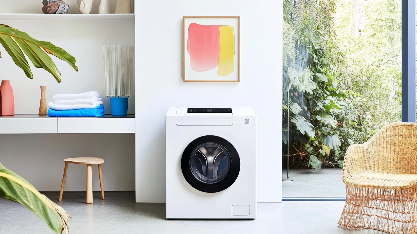현대적이고 세련된 디자인 요소가 돋보이는 넓고 스타일리시한 세탁실에 위치한 삼성 비스포크 AI 콤보 세탁기.