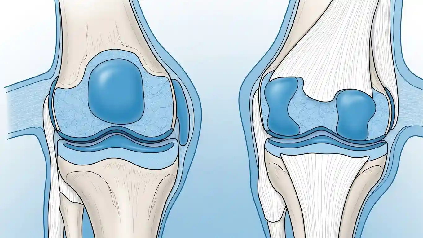 관절 연골 단면 구조와 콜라겐 섬유를 보여주는 단순 일러스트