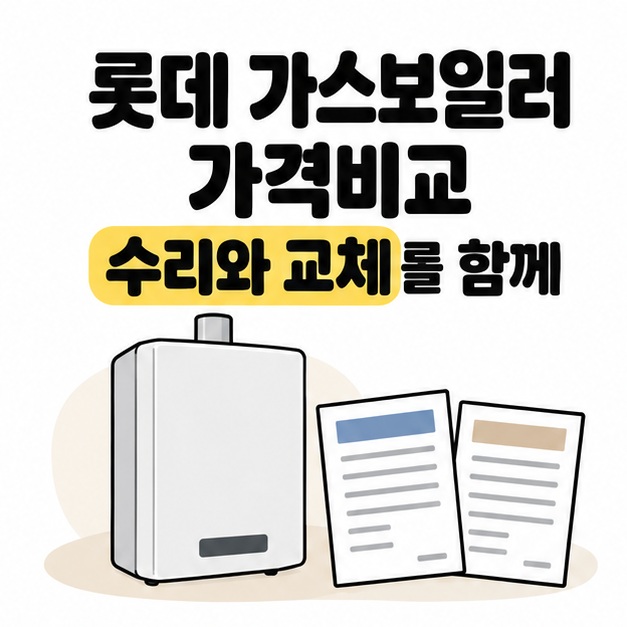롯데 가스보일러 가격비교 제목과 수리와 교체를 함께 문구 아래에 상표 없는 보일러와 두 장의 견적 문서가 그려진 모습