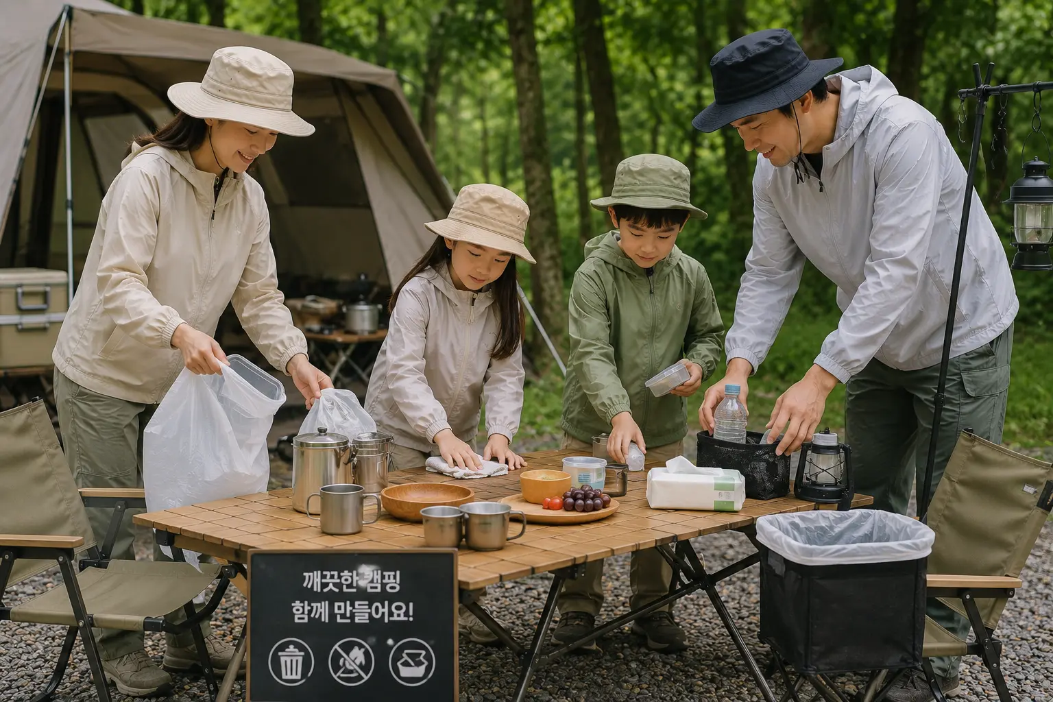 야외 음식 정리 중인 캠핑 테이블