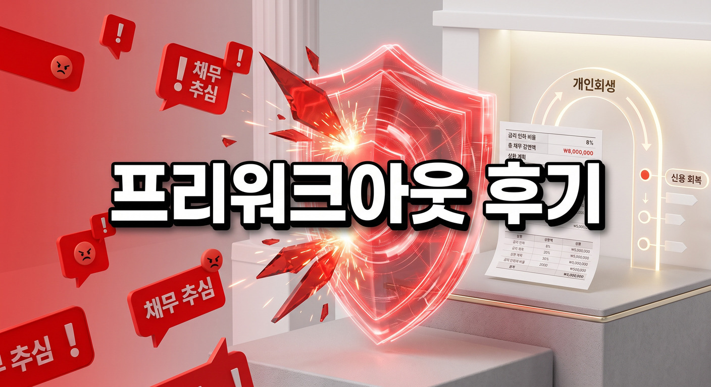 빛나는 붉은색 디지털 방패가 빚 독촉을 상징하는 공격적인 붉은 알림 창들을 강력하게 막아내고 있으며, 방패 뒤로는 이자율 인하가 표기된 재무 문서와 '개인회생'을 향하는 명확한 로드맵이 안전하게 빛나는 3D 일러스트 배경에, 짙은 그림자와 외곽선으로 선명하게 강조된 '프리워크아웃 후기'라는 한글 문구가 중앙에 적힌 이미지