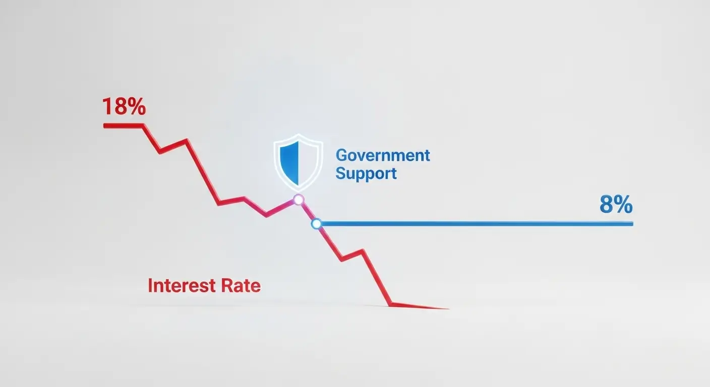 높은 이자율을 나타내는 빨간색 그래프가 정부지원 대환대출을 통해 파란색 낮은 그래프로 꺾이는 모습