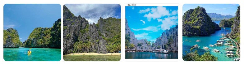 팔라완 엘니도와 바쿠잇 군도의 석회암 절벽, 맑은 바다, 아일랜드 호핑 투어 풍경을 담은 이미지