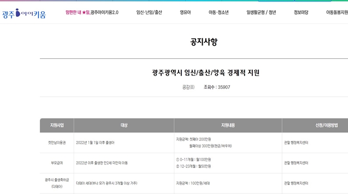 광주 출산양육지원금 혜택