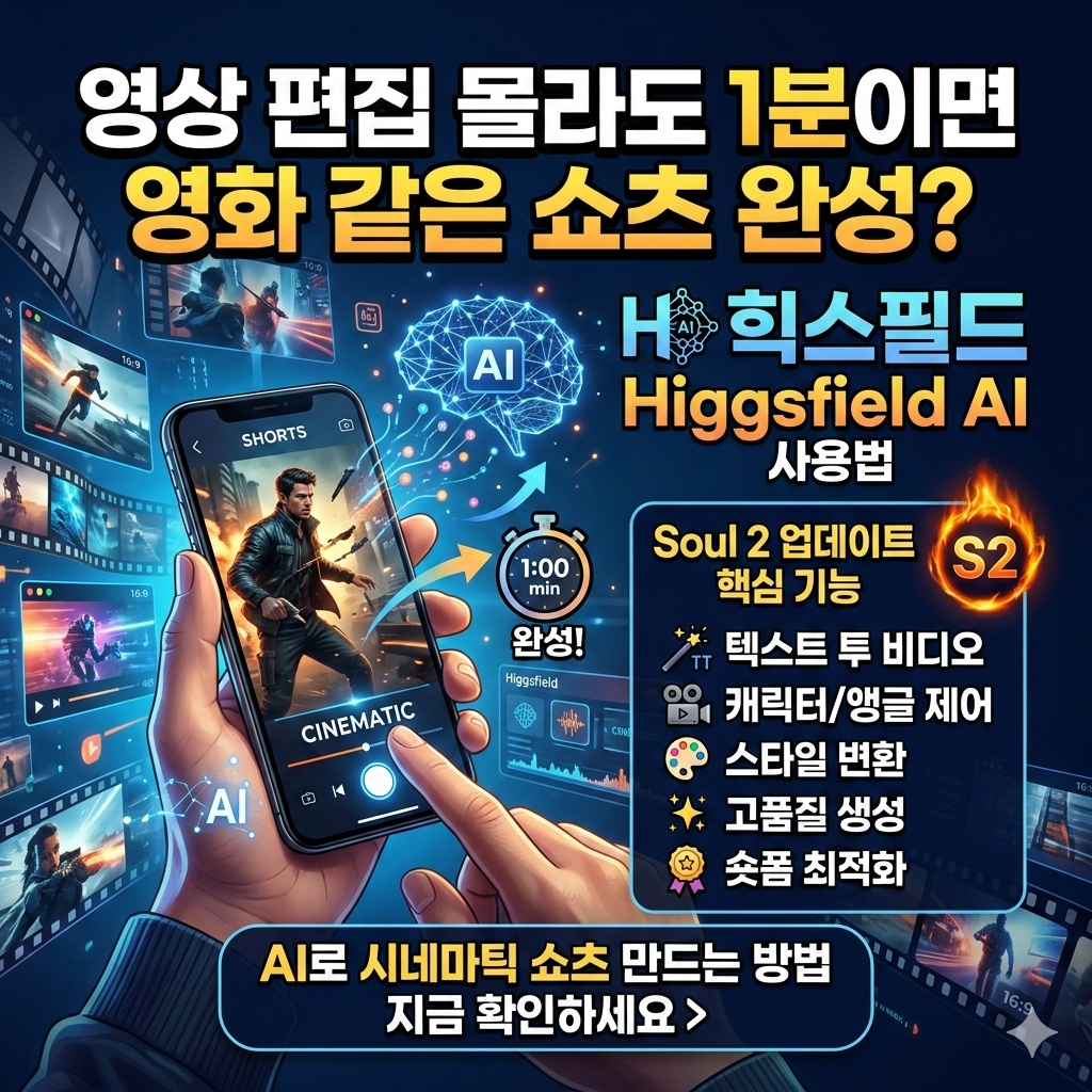 영상 편집 몰라도 1분이면 영화 같은 쇼츠 완성? 힉스필드 Higgsfield AI 사용법과 Soul 2 업데이트 핵심 기능을 정리했습니다. AI로 시네마틱 쇼츠 만드는 방법 지금 확인하세요.
