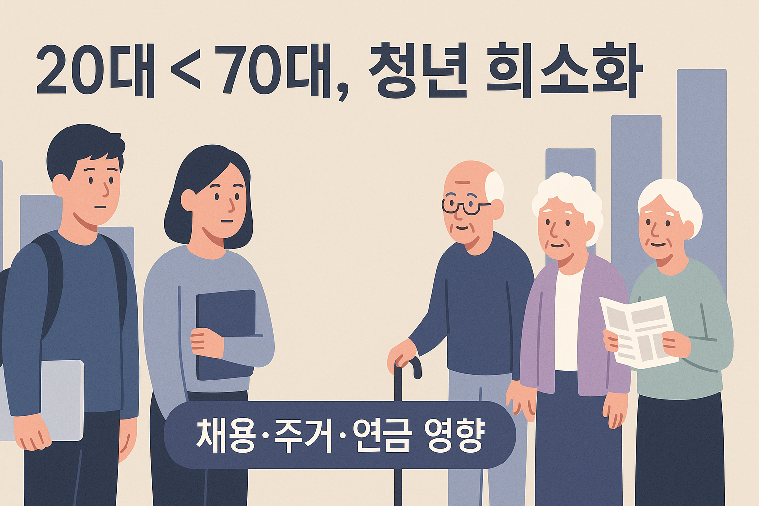 20대 < 70대 인구 비중을 보여주는 세미 플랫 일러스트. 좌측 배낭·노트북 든 청년, 우측 지팡이·신문 든 어르신 다수, 좌하강·우상승 막대그래프, 제목 ‘20대 < 70대, 청년 희소화