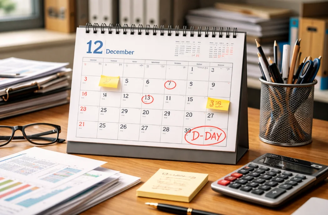 책상 위에 놓인 12월 달력과 서류, 펜 등 사무용품을 통해 연말 최저임금 인상과 지원금 점검 시점을 나타낸 이미지