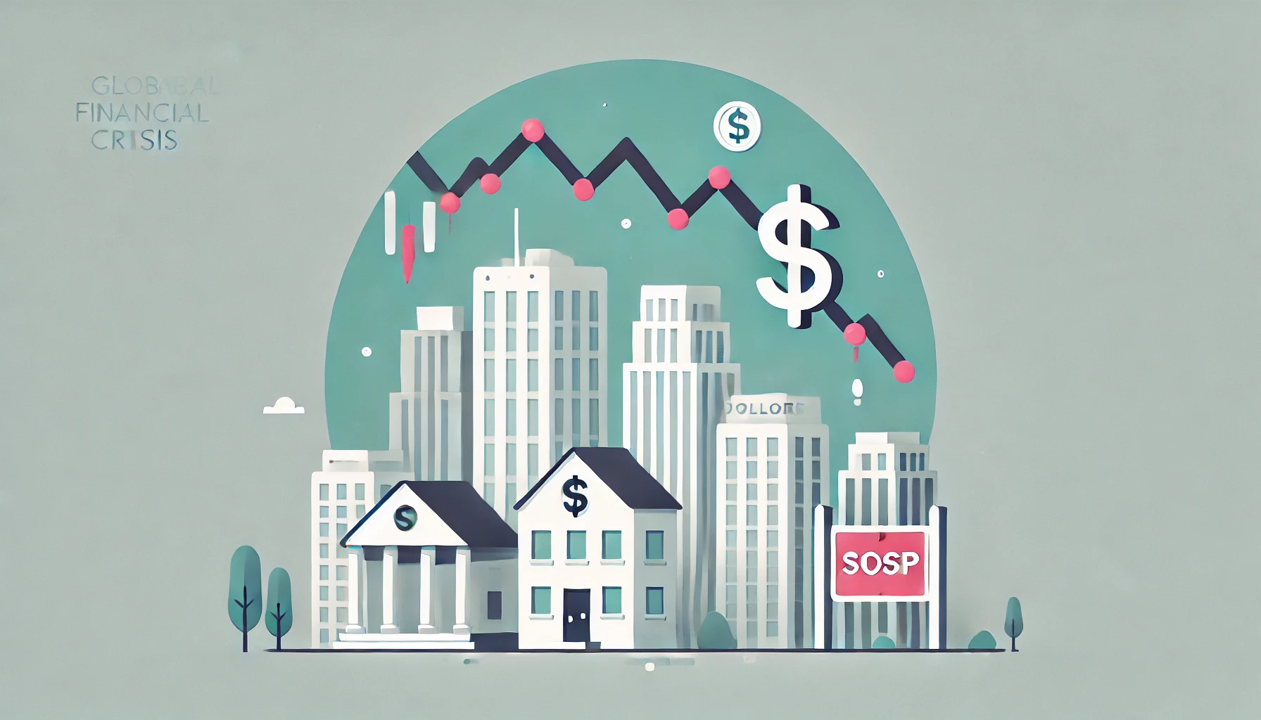 심플하고 깔끔한 이미지. 붕괴하는 주식 시장 그래프, 떨어지는 달러 기호, 위기에 처한 금융 건물, '차압(Foreclosure)' 표지판을 포함하여 금융 혼란을 미니멀하고 현대적인 디자인으로 전달