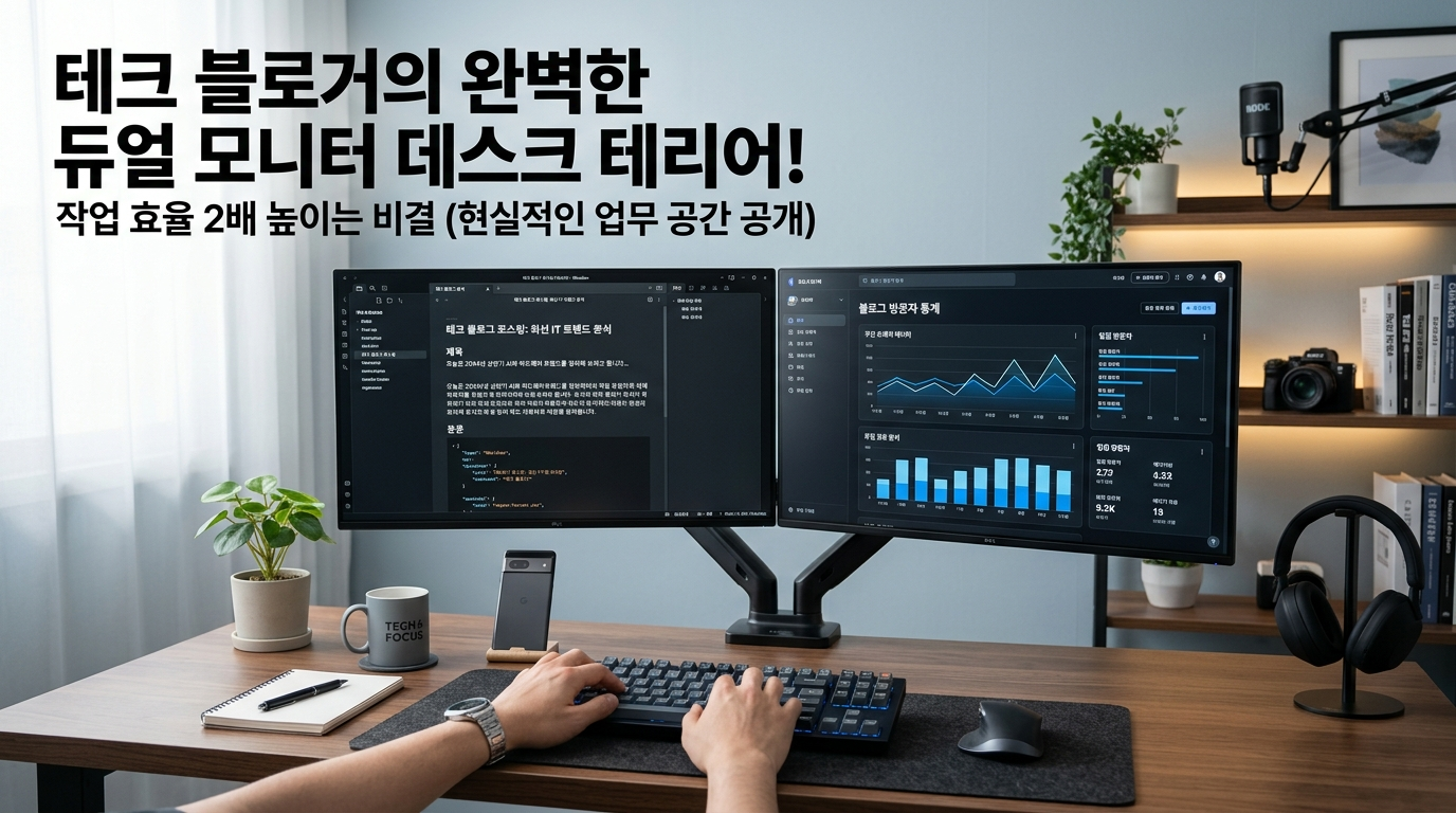 "깔끔한 블루 그레이 테마의 책상 위에 배치된 효율적인 듀얼 모니터 작업 공간 전경
2"