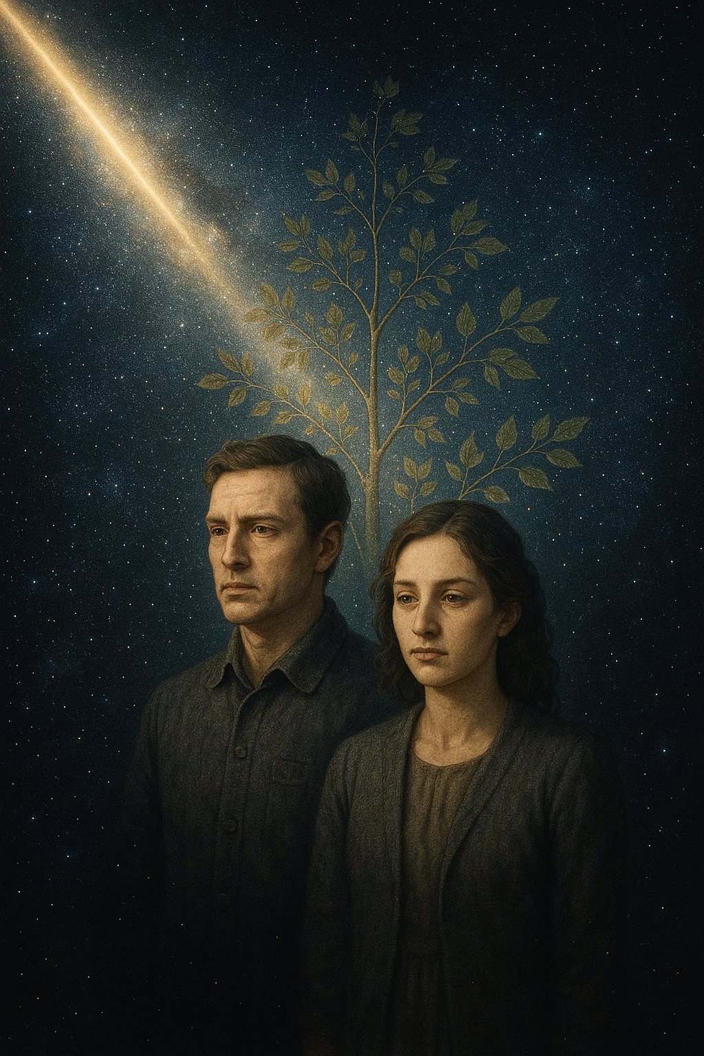 광활한 우주 배경 속에서 한 줄기 빛이 어둠을 가로지르는 장면