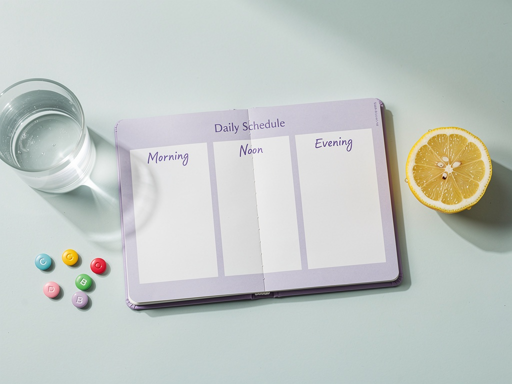 비타민C와 비타민B 아이콘이 물잔 옆에 놓여 있고, 하루 루틴 타임라인 위에 아침&middot;점심&middot;저녁이 표시된 인포그래픽