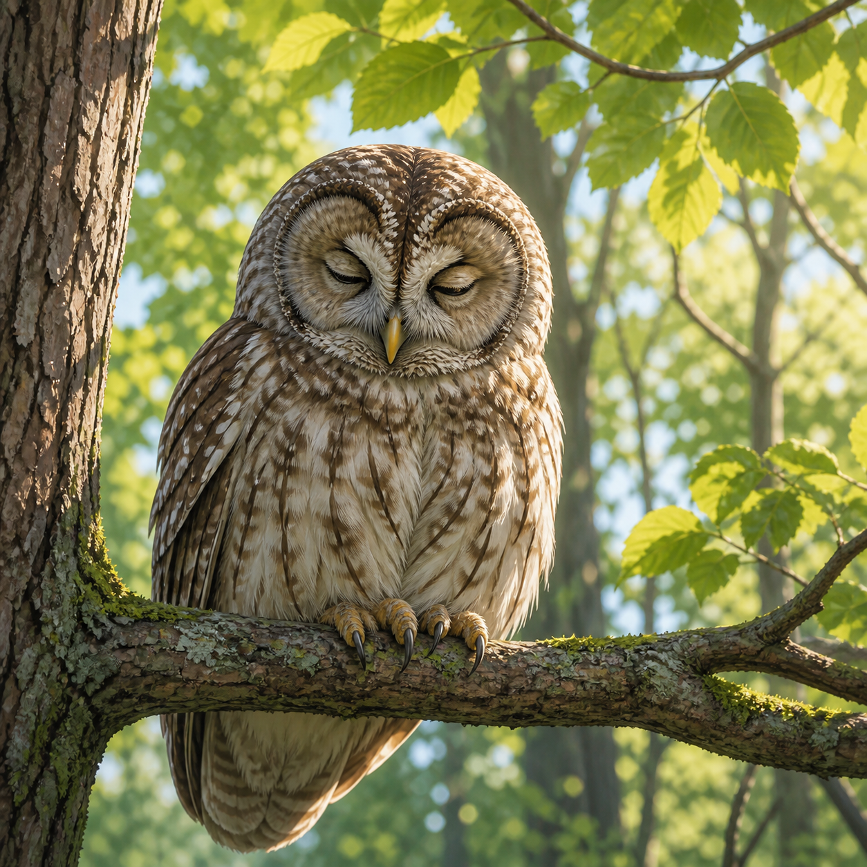 A calm owl resting on a tree branch during the day